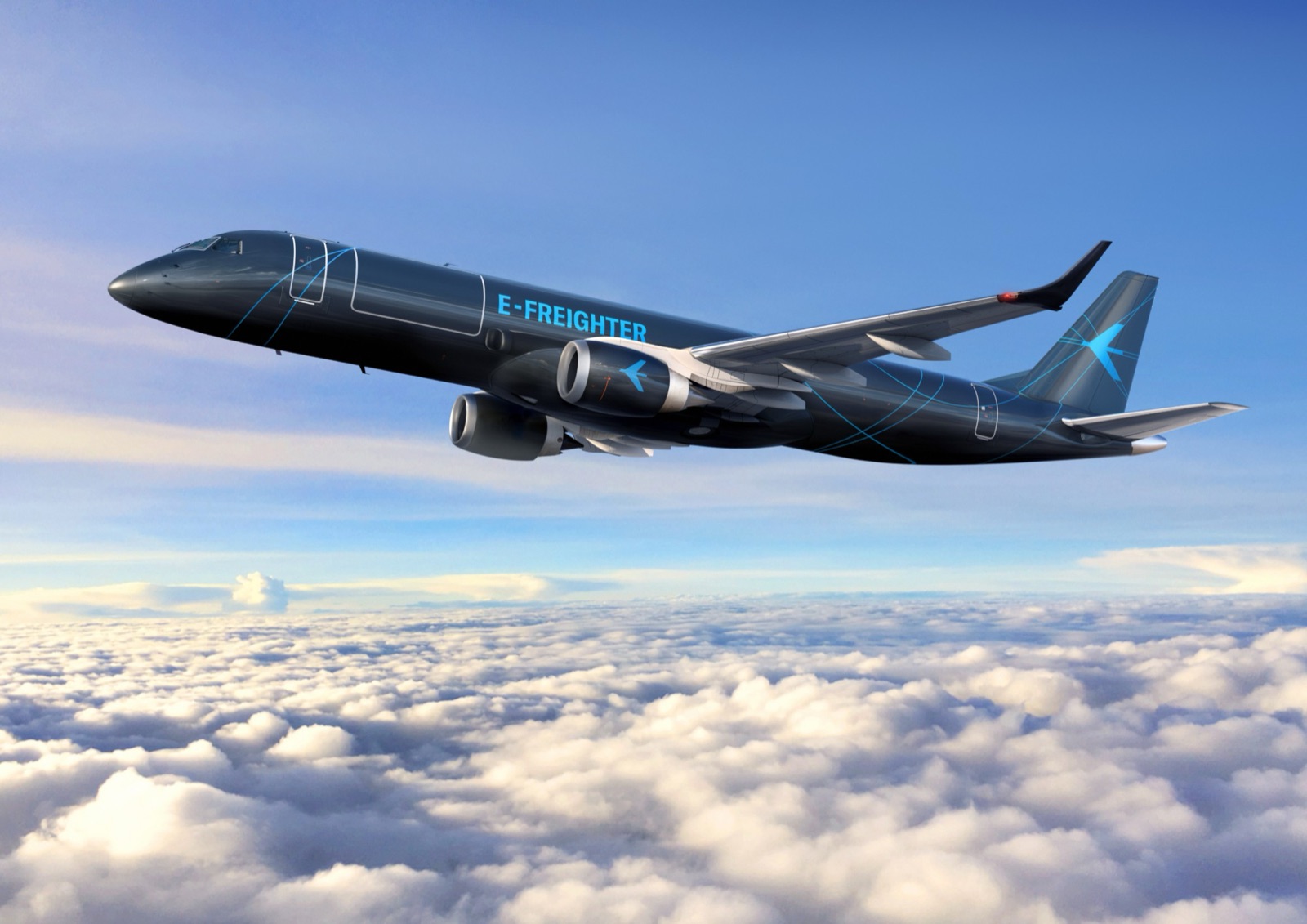 E190F freighter in flight above the clouds