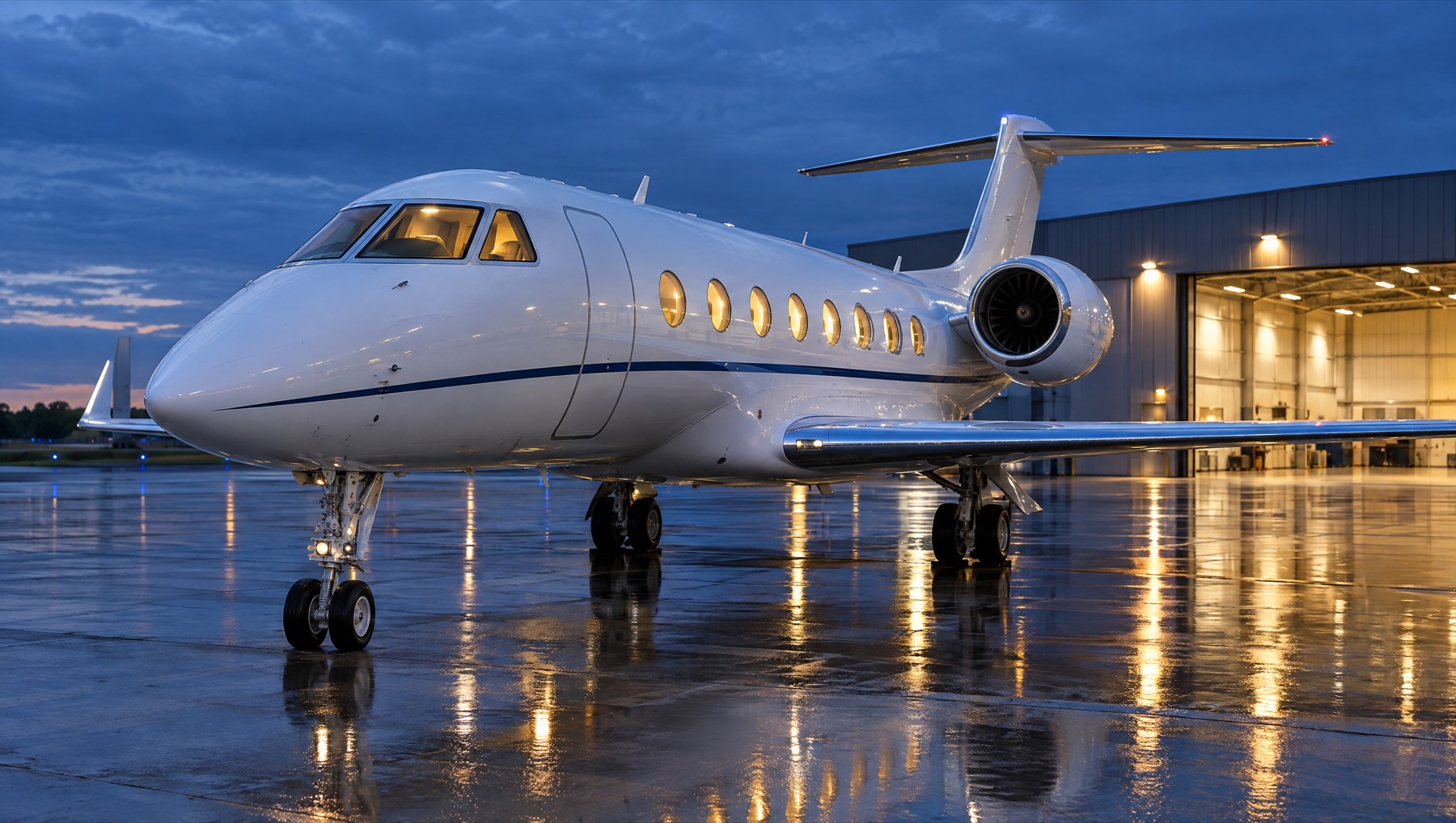 White business jet on a wet FBO ramp at blue hour