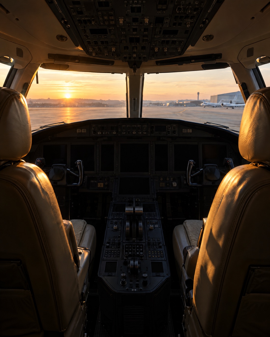 The flight deck of a business jet at sunrise, seen from behind the two pilot seats
